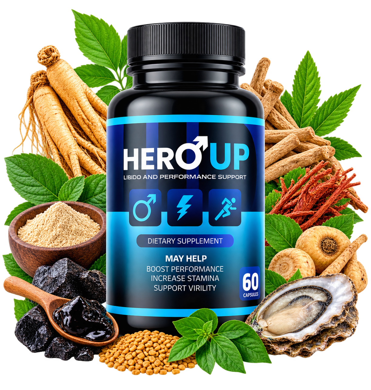 Hero Up Male Enhancement 60 capsule bottle surrounded by natural botanical ingredients including ginseng root, maca and fenugreek seeds